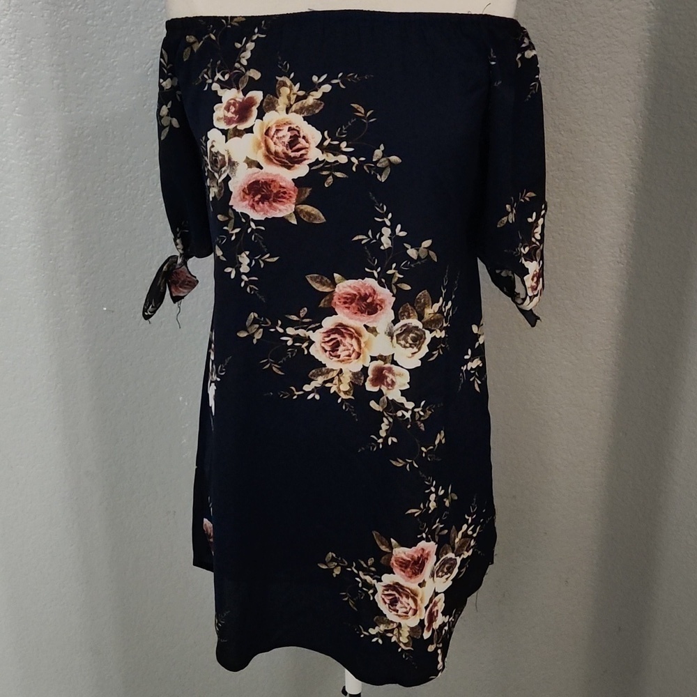 Shein Navy Floral Off Shoulder Tie Dress Size XS